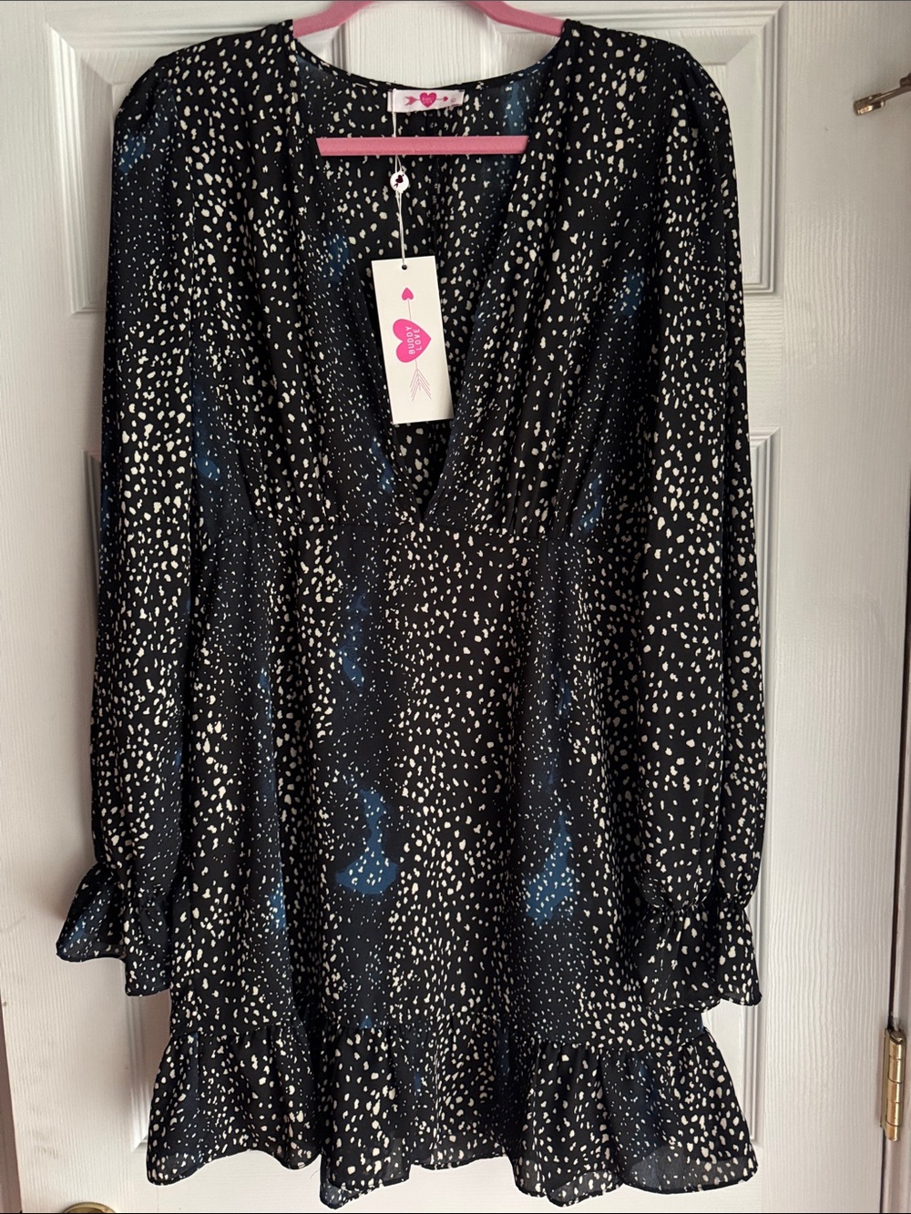Women's Black Dot-Print V-Neck Long-Sleeve Dress